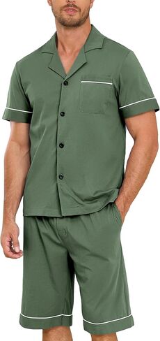 EA'S SECRET Mens Pajamas Set 100% Cotton Short Sets For Men Classic Button Down Sleepwear Summer Mens Pjs Sets With Pockets in Kuwait
