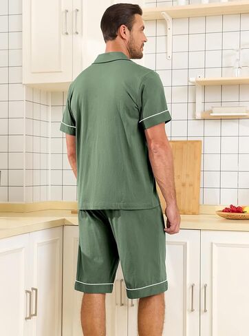 EA'S SECRET Mens Pajamas Set 100% Cotton Short Sets For Men Classic Button Down Sleepwear Summer Mens Pjs Sets With Pockets in Kuwait