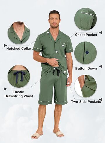 EA'S SECRET Mens Pajamas Set 100% Cotton Short Sets For Men Classic Button Down Sleepwear Summer Mens Pjs Sets With Pockets in Kuwait