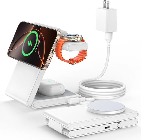 3 في 1 محطة شحن لاسلكية قابلة للطي مغناطيسية لأجهزة متعددة مع محول 20W ، STANC MAG-SAFE ، من أجل iPhone 16/15/14/13/12 ، Apple Watch 10/Ultra2 ، AirPods ، White in Kuwait