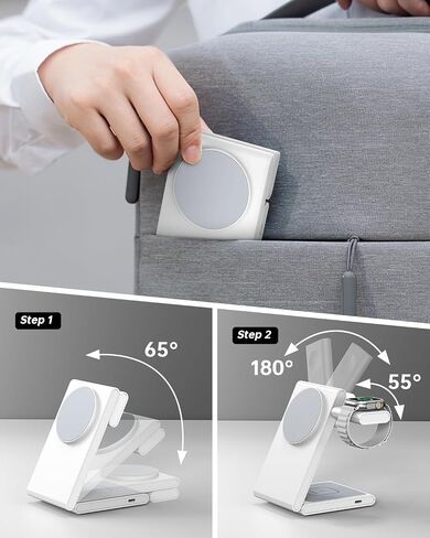 3 في 1 محطة شحن لاسلكية قابلة للطي مغناطيسية لأجهزة متعددة مع محول 20W ، STANC MAG-SAFE ، من أجل iPhone 16/15/14/13/12 ، Apple Watch 10/Ultra2 ، AirPods ، White in Kuwait