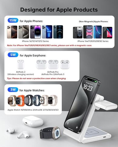 3 في 1 محطة شحن لاسلكية قابلة للطي مغناطيسية لأجهزة متعددة مع محول 20W ، STANC MAG-SAFE ، من أجل iPhone 16/15/14/13/12 ، Apple Watch 10/Ultra2 ، AirPods ، White in Kuwait