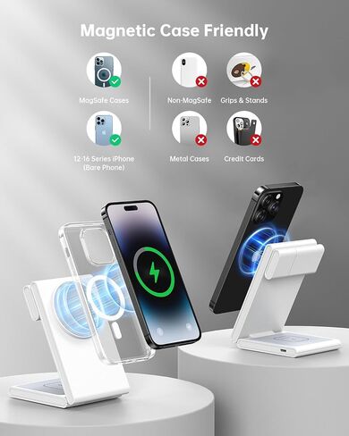 3 في 1 محطة شحن لاسلكية قابلة للطي مغناطيسية لأجهزة متعددة مع محول 20W ، STANC MAG-SAFE ، من أجل iPhone 16/15/14/13/12 ، Apple Watch 10/Ultra2 ، AirPods ، White in Kuwait