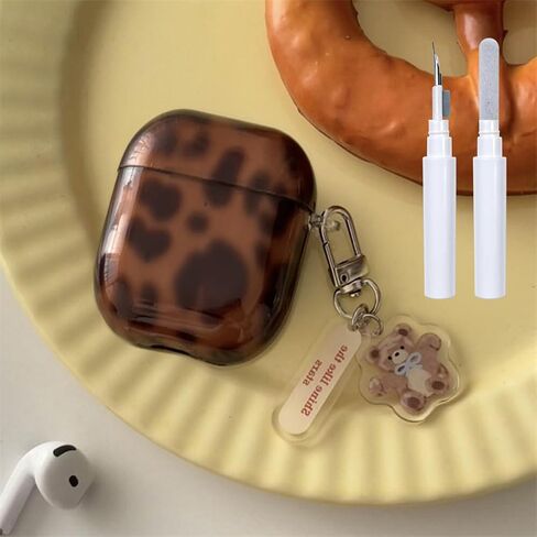 Compatible for AirPods 4 Case with Cleaner Kit Cute Cool Brown Leopard Cool Amber Tortoise Aesthetics Design Shockproof Love Keychain Cover for Girls Woman for Airpods 4nd(2024)-Amber in Kuwait