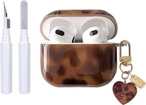 Compatible for AirPods 4 Case with Cleaner Kit Cute Cool Brown Leopard Cool Amber Tortoise Aesthetics Design Shockproof Love Keychain Cover for Girls Woman for Airpods 4nd(2024)-Amber in Kuwait
