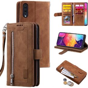 Compatible with Samsung Galaxy A50 A50S A30S Wallet Case for Wrist Strap Lanyard PU Leather Flip Card Holder 9+ Card Slots Purse, Kickstand Phone Cover for A 50 50S 30S S50 50A SM A505G Brown