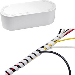 D-Line Cable Management Box (Large) & Cord Spiral Wrap (8.2ft Length) - White