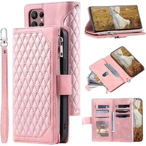 Samsung S23 Case Leather Wallet for Women Men, Samsung S23 Wallet case with Card Holder Zipper Pock Kickstand Wrist Strap Magnetic Flip Leather Shockpoof Silicone Full Cover Case (Black)