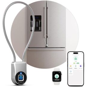 Fingerprint Cable Lock, Fridge Lock with Fingerprint Bluetooth APP Control, Smart Biometric Waterproof Child-Proof Refrigerator Lock for Kids & Adults Fridge French Door Cabinet Gate