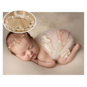 Newborn Photography Props 2 Pieces: Pearl Tulle Lace Wrap + Pearl Headband for Baby Girls' Photoshoot