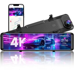 4K Rear View Mirror Camera, 12'' Mirror Dash Cam, 4K/2.5K Backup Camera for Car, WiFi/GPS Dash Cam Front and Rear with 32GB Card, APP, Voice Control, WDR Night Vision, Reverse Assist