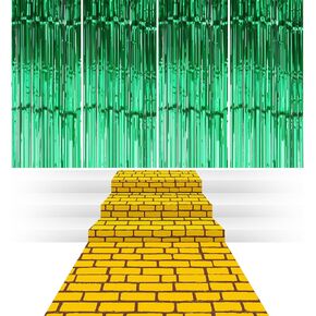 3 Pcs 4.5 x 9 Ft Yellow Brick Road Floor Runner Brick Roads Wall Backdrop Carpet with 4 Pcs Green Foil Fringe Curtain Backdrop Photo Booth Props for Halloween Wizard Cosplay Party