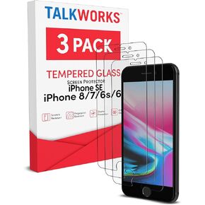 واقي شاشة الزجاج المقسّر من أجهزة Talkworks لـ iPhone SE3/SE2/8/7/6S/6 - متوافق مع الحالة ، مضاد للوجود ، SMUDGE & CRACK ، رقيقة للغاية (حزمة 3)