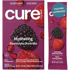 Cure Hydration | Plant-Based Electrolyte Drink Mix | No Added Sugar | FSA & HSA | Dehydration Relief Powder Made with Coconut Water | Non-GMO | Vegan | Box of 8 Packets - Watermelon