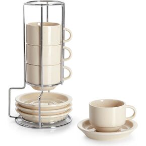 Sweese 2.5 Ounce Porcelain Stackable Espresso Cups with Saucers and Metal Stand Set of 4, White