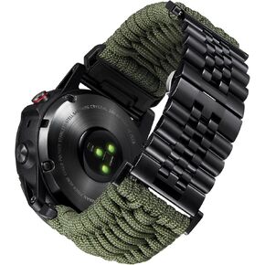 BINLUN Compatible with Garmin Watch Band 22mm 26mm Braided 550 Paracord Stainless Steel Sport Strap Fit for Quickfit Fit for Fenix Fit for Forerunner Fit for Approach Fit for MARQ Fit for Quatix