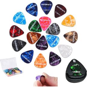 18 Pack Celluloid Guitar Picks with Organizer Storage Box & Holder Case, 6 Different Thin Medium Heavy Thickness & Variety Colorful Plectrums for Bass Electric Acoustic Ukulele