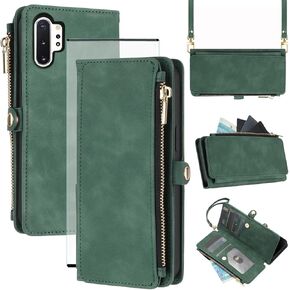Asuwish Phone Case for Samsung Galaxy Note 10 Plus Note10+ 5G Zipper Wallet Cell Cover with Tempered Glass Screen Protector Strap Flip Credit Card Holder Note10 + Notes 10+ Ten Not S10 10Plus Green