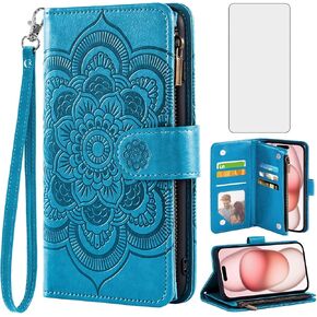 Asuwish Compatible with iPhone 15 6.1 inch Wallet Case and Tempered Glass Screen Protector Flower Leather Flip Credit Card Holder Cell Phone Cover for iPhone15 5G i i-Phone i15 15Case Women Men Purple