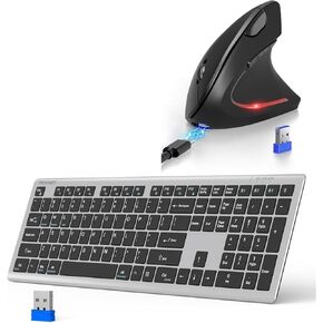 Tecknet Ergonomic Mouse Bluetooth إعادة شحنها و 4 أجهزة (2.4 جم+BT) لوحة مفاتيح Bluetooth القابلة لإعادة الشحن ، لوحة مفاتيح لاسلكية هادئة للغاية