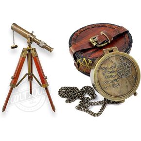 Brass Telescope on Wood Tripod Stand X Brass Nautical Compass with Leather Case Ideal Gift