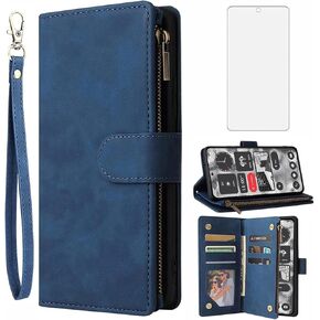 Asuwish Compatible with Nothing Phone 2 Wallet Case Tempered Glass Screen Protector and Leather Flip Cover Card Holder Stand Cell Accessories TPU Magnetic Full Body Phone Cases for Two Women Men Brown