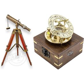 Brass Telescope on Wood Tripod Stand X Compass Sundial with Wooden Box - 4" inches, Gift for Son, Dad, Sailor
