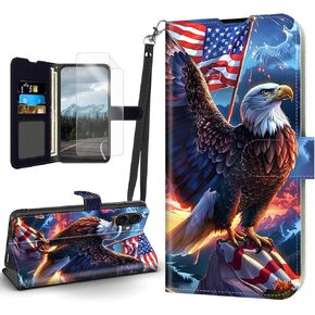 for iPhone 16 Pro Flip Cover PU Leather Case, for iPhone 16 Pro Floral Moon Magnetic Clasp Cell Phone Wallet with Wristband Card Holder, Kickstand Shockproof Case and Screen Protector