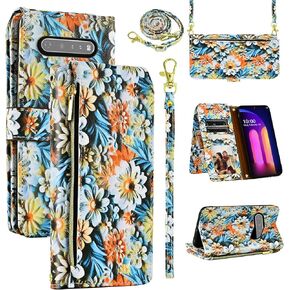 Wallet Case for LG V60 ThinQ V60ThinQ 5G G9 Thin Q with Wrist Strap Shoulder Strap, 9+ Card Slots Zipper Floral PU Leather Stand Cell Phone Cover for LGV60 V 60 60ThinQ 60V Women Men Black