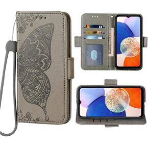 Compatible with Samsung Galaxy A14/M14 5G Wallet Case Wrist Strap Lanyard Butterfly Leather Flip Card Holder Stand Cell Accessories Phone Cover for A 14 4G 14A 14M G5 Women Men Rose Gold
