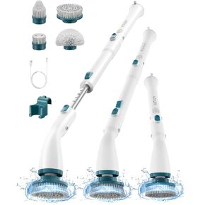 HiCOZY Electric Spin Scrubber HS1, Cordless Shower Scrubber for Cleaning with 4 Replaceable Brush Heads Adjustable Extension Handle, IPX7 Waterproof Cleaning Brush for Bathroom Floor White