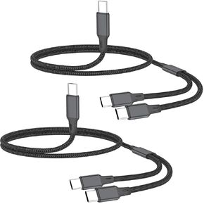 USBC to Dual USB C Charging Cable(2Pack 6.6FT),USB-C Splitter Charge Cable, 2 in 1 Multi Charger Cord with 2Type-C Compatible with iPhone 16 15 Series,iPad,Most Cell Phone, Kindle,Black(Charging Only)