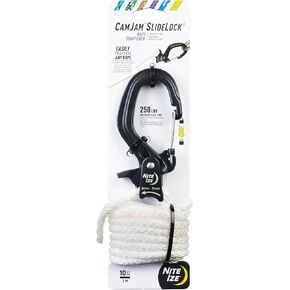 Nite Ize CamJam SlideLock Rope Tightener & 10 ft Nylon Rope - Features Pull-to-Tighten Lock & Quick-Release Lever - 250 lb Working Load Limit - Fits Rope Sizes 3–6mm - Large