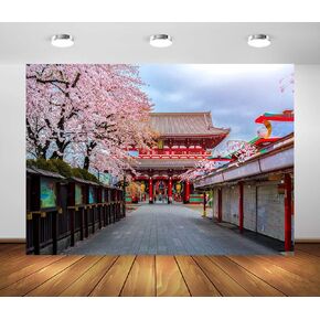 BELECO 7x5ft Fabric Japan Backdrop Tokyo Temple Backdrop for Photography Sensoji Temple in Asakusa Spring Pink Cherry Blossoms Background Asian Theme Party Decorations Japanese Photo Studio Props