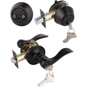 Satin Nickel Keyed-Alike Door Levers and Double Cylinder Deadbolts Combination Sets Locksets,with Same Key,Reversible for Right/Left Handed Doors,2Pack