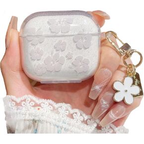 Compatible for AirPods 3rd Gen Case, Clear Glitter Flower AirPods 3rd Generation Protective Case with Keychain for Girls Women, Shockproof Headset Cover for Airpods 3 Charging, White