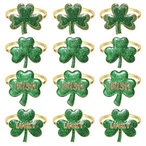 Boderier St Patricks Day Napkin Rings Set of 12,Glitter Green Shamrock Hat Cup Napkin Holder Rings Irish Napkins Buckles for Holiday Party Table Decorations (12pcs Shamrock Hat Cup)