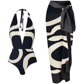 Women One Piece Swimsuit with Cover up Set High Waisted Beach Wrap Skirt Two Piece Bathing Suit