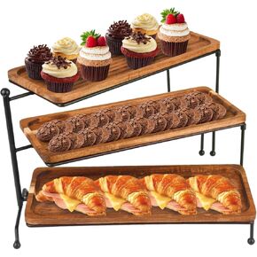 GEHE Foldable 3 Tier Serving Tray, Cupcake Stand for Party, Acacia Wooden Cupcake Tower Holder Set, Large Serving Platters, Decorative Dessert Table Display Stand Charcuterie Boards