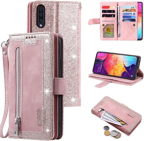 Compatible with Samsung Galaxy A50 A50S A30S Wallet Case for Wrist Strap Lanyard PU Leather Flip Card Holder 9+ Card Slots Purse, Kickstand Phone Cover for A 50 50S 30S S50 50A SM A505G Brown in Saudi Arabia
