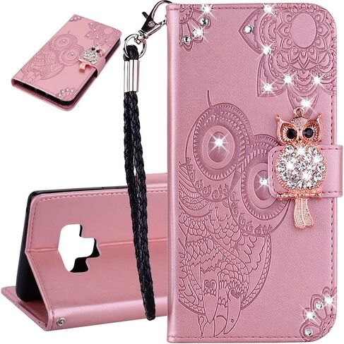 Compatible with Samsung Galaxy Note 9 Case Glitter Stylish Crystal Owl with Wrist Strap Kickstand Magnetic Leather Wallet for Women Flip Phone Case for Samsung Galaxy Note 9 Rose Gold YK in Saudi Arabia