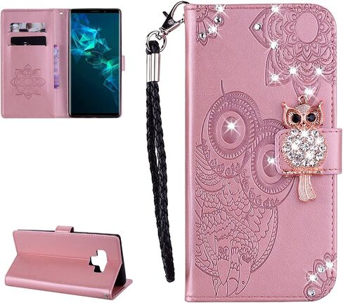 Compatible with Samsung Galaxy Note 9 Case Glitter Stylish Crystal Owl with Wrist Strap Kickstand Magnetic Leather Wallet for Women Flip Phone Case for Samsung Galaxy Note 9 Rose Gold YK in Saudi Arabia