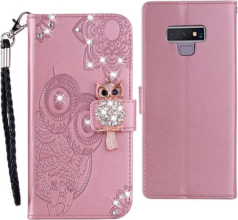 Compatible with Samsung Galaxy Note 9 Case Glitter Stylish Crystal Owl with Wrist Strap Kickstand Magnetic Leather Wallet for Women Flip Phone Case for Samsung Galaxy Note 9 Rose Gold YK in Saudi Arabia