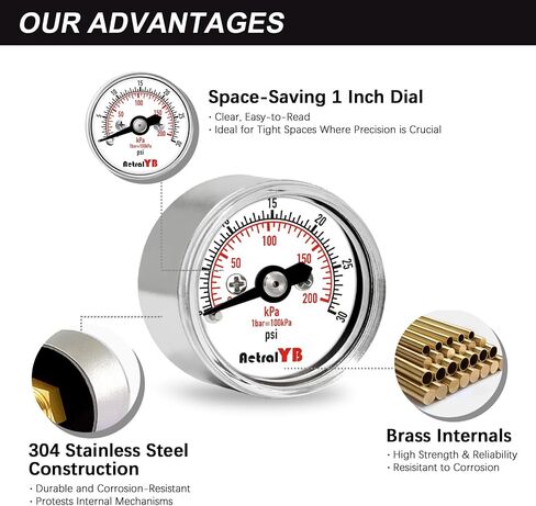 1 Inch Mini Pressure Gauge, 0-100 Psi Air Pressure Gauge, Stainless Steel Case, 1/8" NPT Back Mount, Psi Coffee Machine Pressure Gauge for Water Pumps, Air Compressors in Saudi Arabia