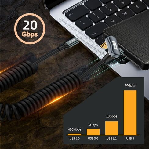 NFHK Stretch Coiled USB-C USB4 Cable 20Gbps 100W 8K Type-C Male to Male Right Angled Cable Power & Data for Laptop Keyboard Tablet in Saudi Arabia