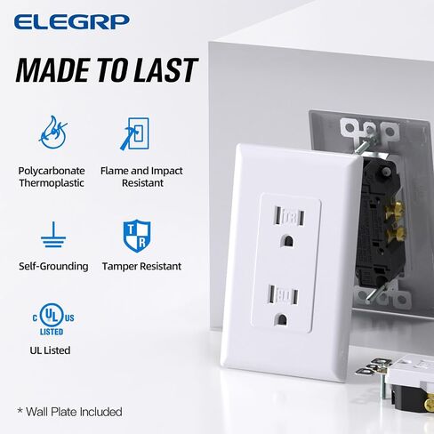 مقبس حائط كهربائي أبيض مقاوم للعبث بقدرة 15 أمبير من ELEGRP، 125 فولت، مدرج في قائمة UL، 20 حزمة in Kuwait