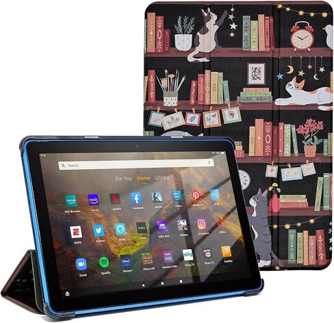 for Fire HD 8 Tablet Case Kindle Fire HD 8 & 8 Plus (2024/2022/2020 Release 12th/10th Gen) Smart Trifold Stand Cover with Backshell and Auto Wake/Sleep, Cat on Bookshelf in Saudi Arabia