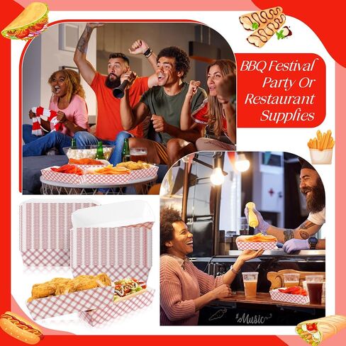 Yeaqee 100 Pcs 7" Paper Hot Dog Trays Red White Pattern Disposable Paper Food Nacho Boats Hot Dog Holders Hot Dog Plates Disposable Serving Trays for Carnivals, Parties, Dinner, Cookouts in Kuwait