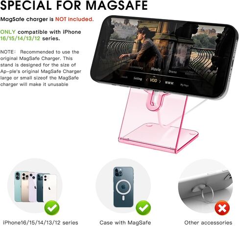 Acrylic Compatible with magsafe Charger Stand，Clear Phone Holder for iPhone 16/15/15 Pro/14/13/12 Series, Compatible with magsafe Desk Stand Accessories[MagSafe Charger Not Included] (Pink) in Saudi Arabia