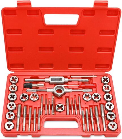 80-Piece Premium SAE and Metric Tap and Die Set - SAE Inch Size #4 to 1/2" and Metric Size M3 to M12, with Coarse, Fine and Pipe Threads | Essential Threading Kit with Complete Handles and Accessories in Kuwait